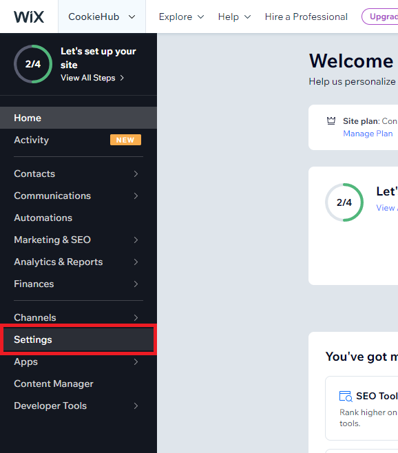 How to go to Settings in Wix